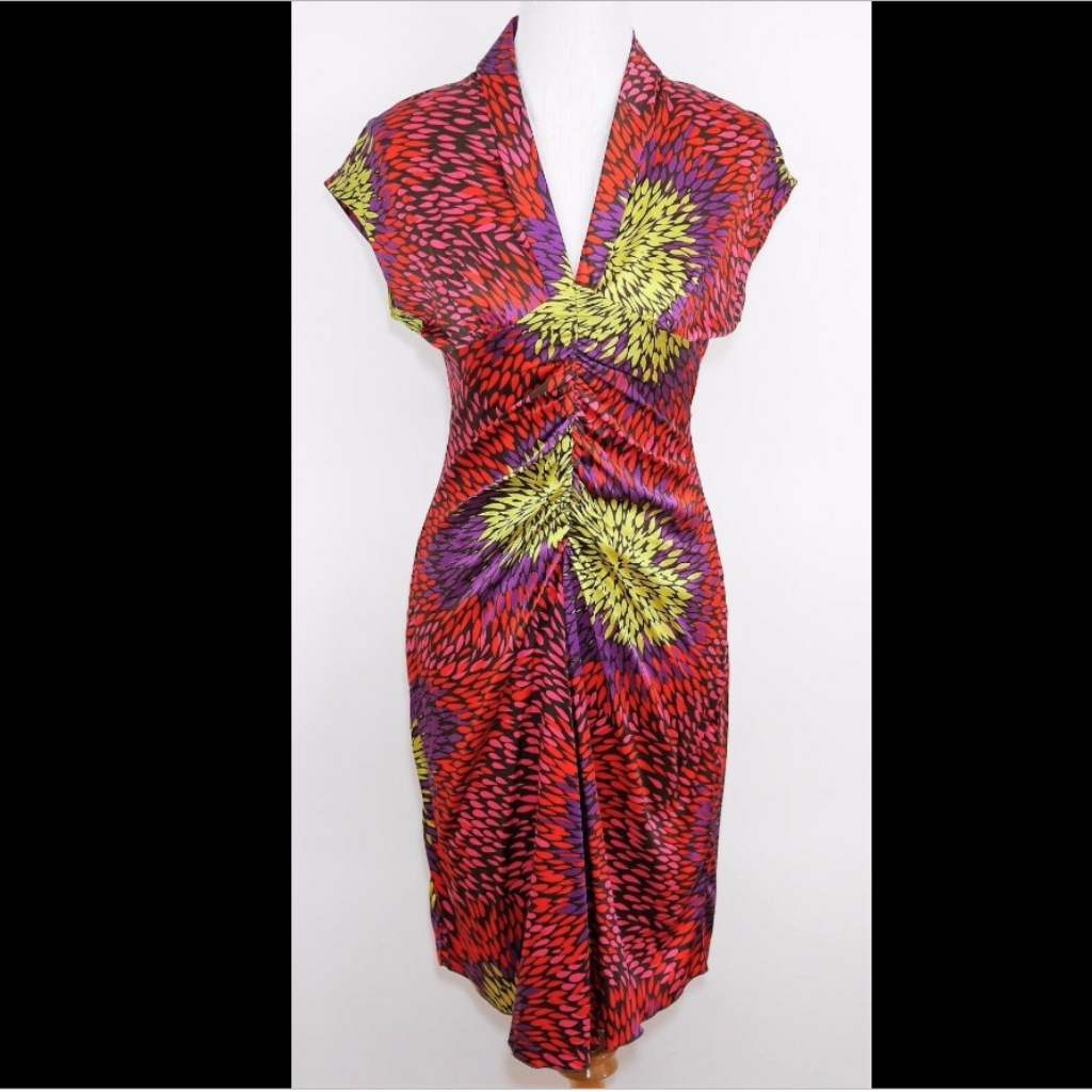 Trina Turk Red Yellow Floral Cap Sleeve Silk Dress